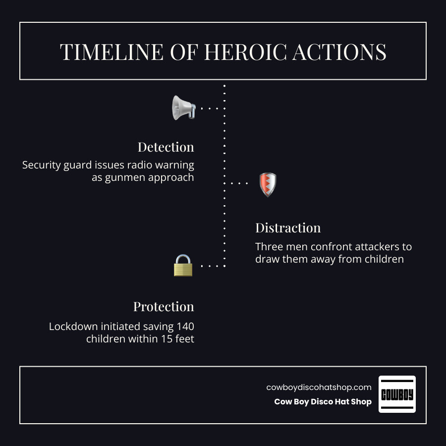 Timeline infographic of the May 2026 Islamic Center of San Diego mosque shooting and victims' heroic actions infographic