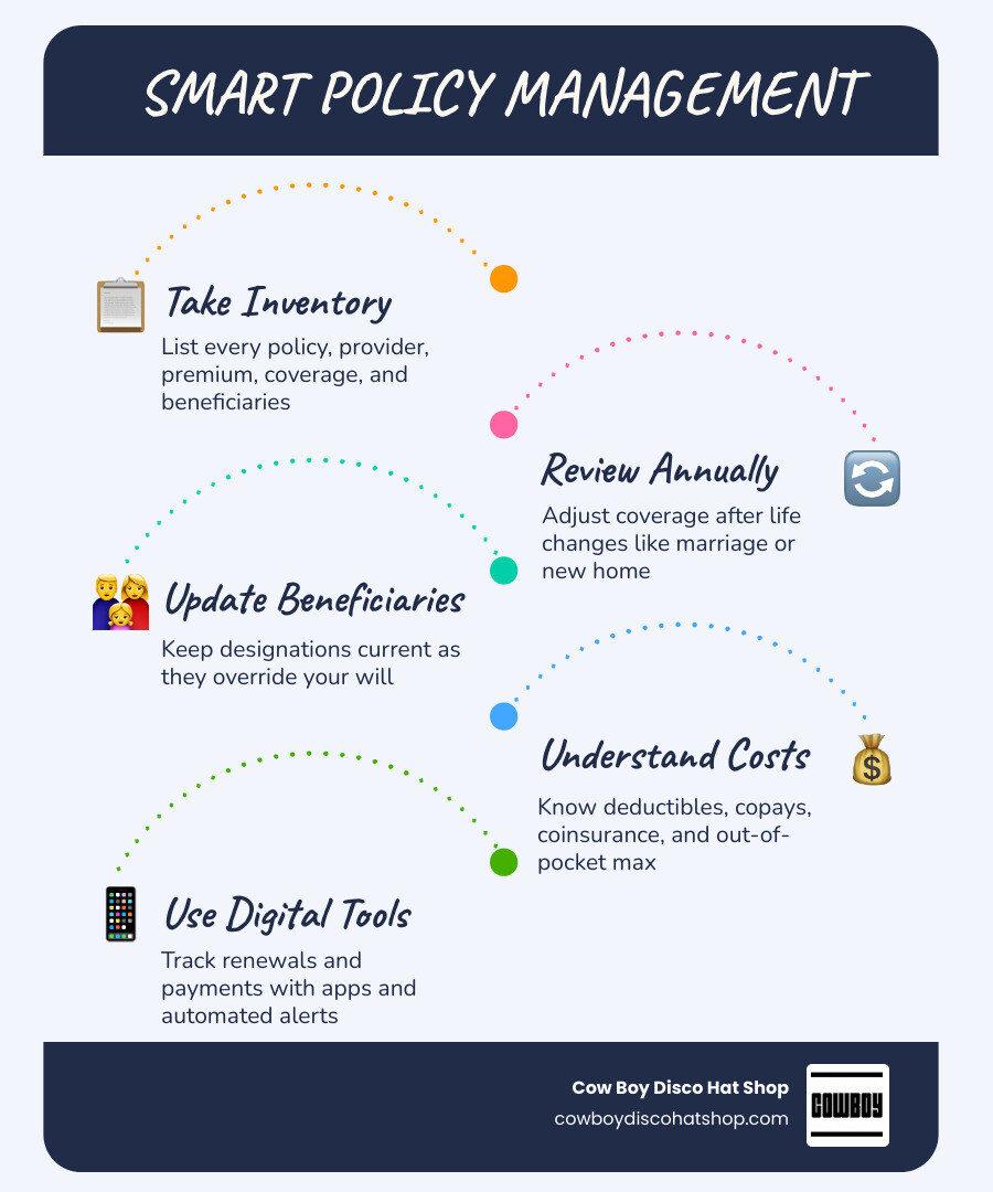 Infographic showing 7 steps to smartly manage health home and life insurance policies in 2026 infographic Infographic showing 7 steps to smartly manage health home and life insurance policies in 2026 infographic