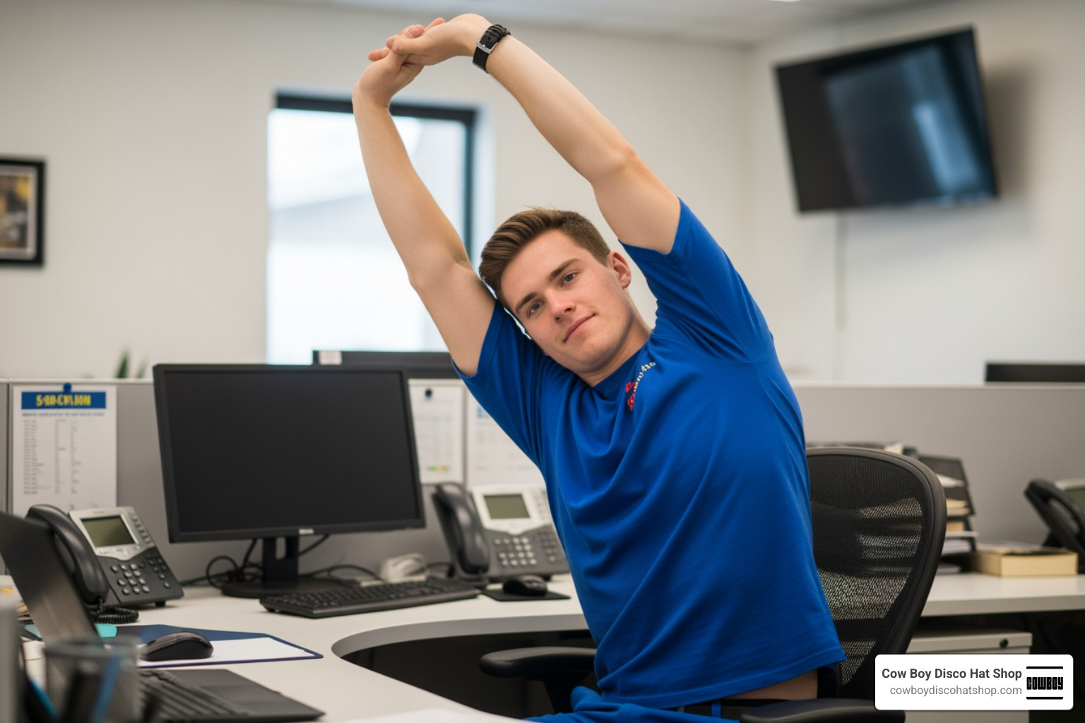 A person taking a 5-minute movement break at a desk, stretching their arms A person taking a 5-minute movement break at a desk, stretching their arms