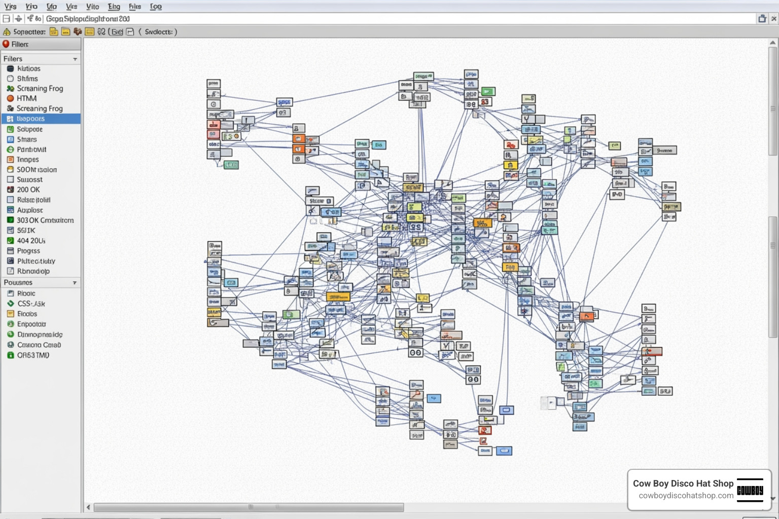 Screaming Frog site crawl visualization showing complex architecture and link relationships Screaming Frog site crawl visualization showing complex architecture and link relationships