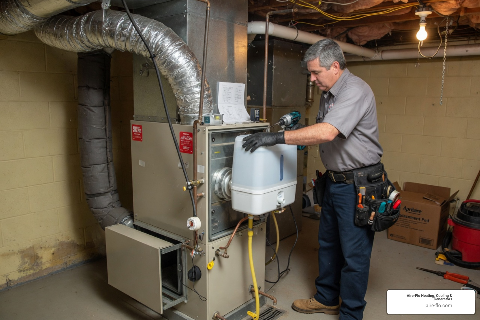 An HVAC technician installing a whole-house humidifier on a furnace unit - humidifiers for hvac