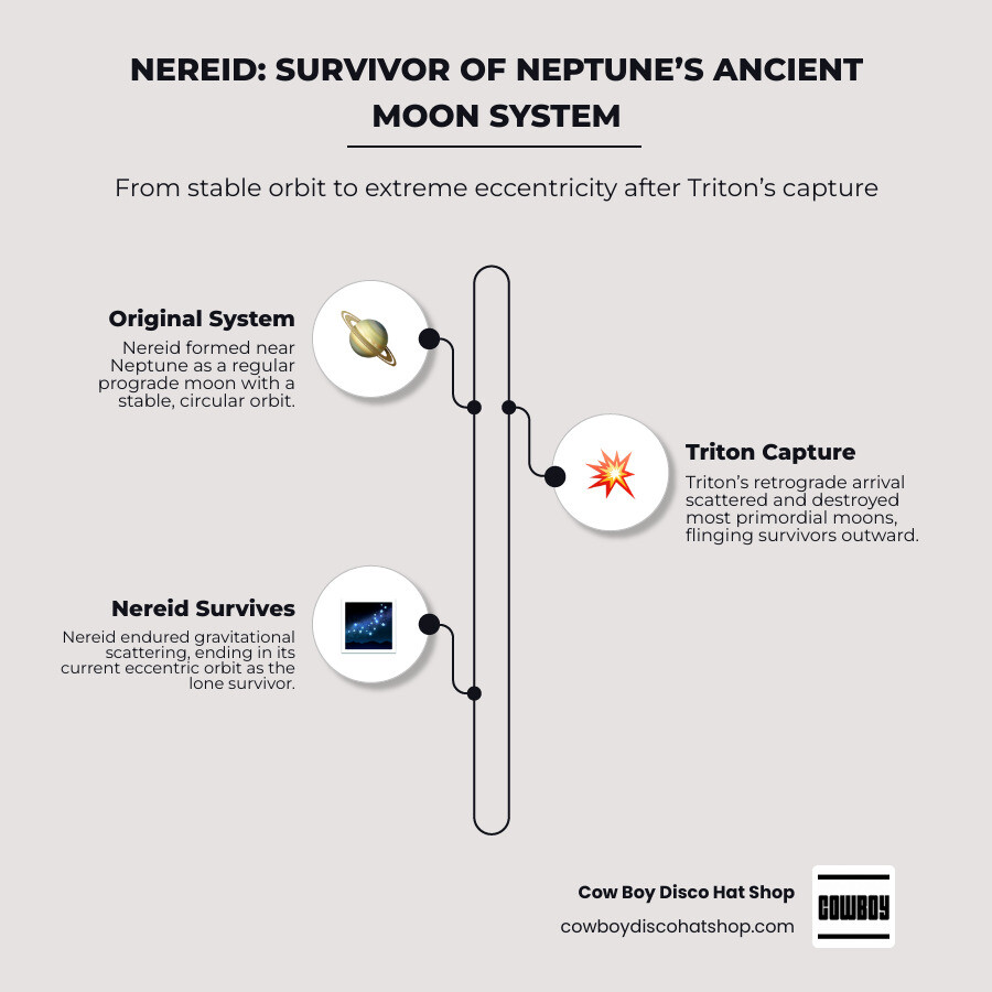 Infographic showing Nereid's eccentric orbit range vs. Triton's circular retrograde path around Neptune infographic