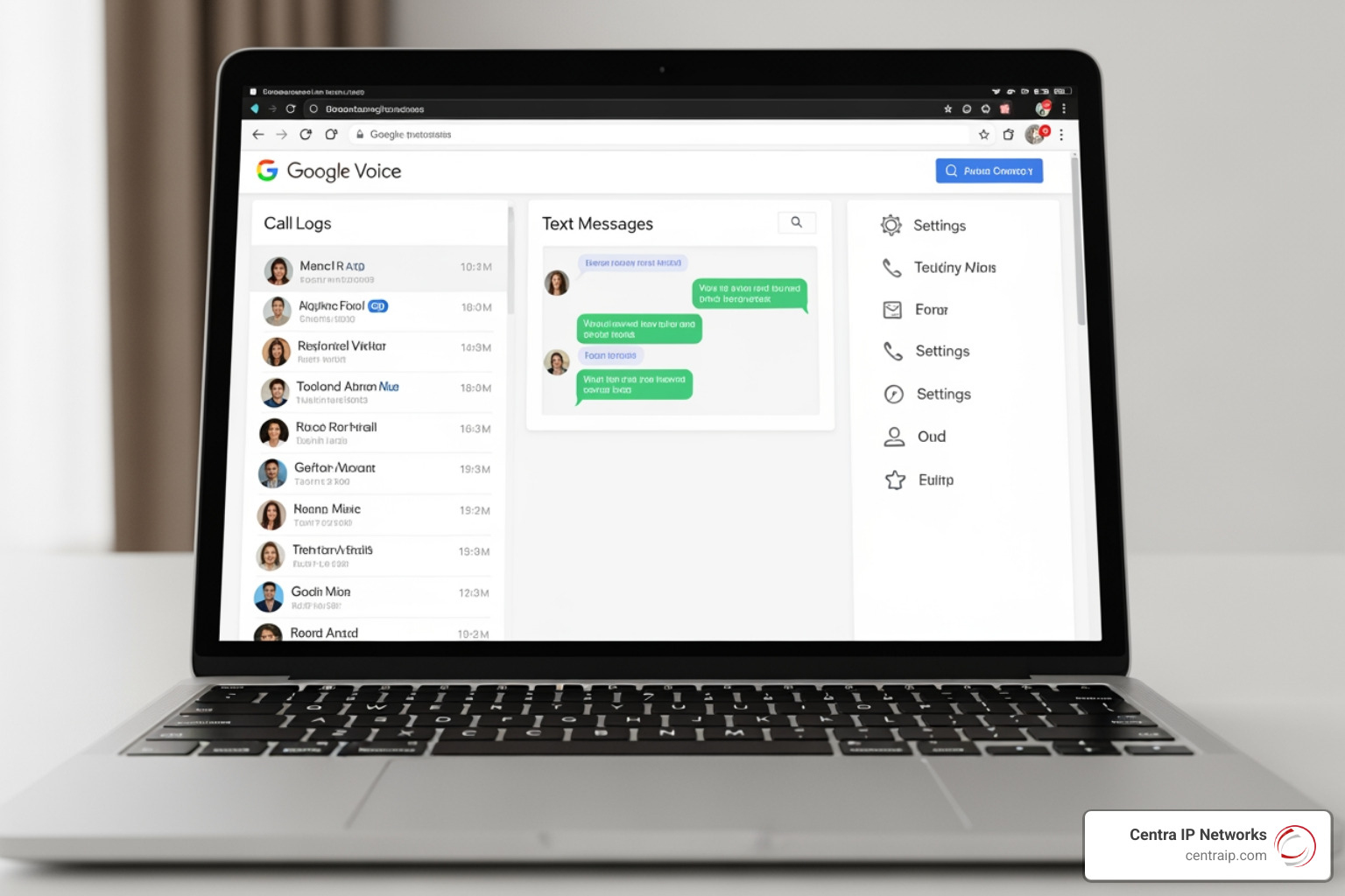 The Google Voice dashboard showing call logs, text messages, and settings icons The Google Voice dashboard showing call logs, text messages, and settings icons