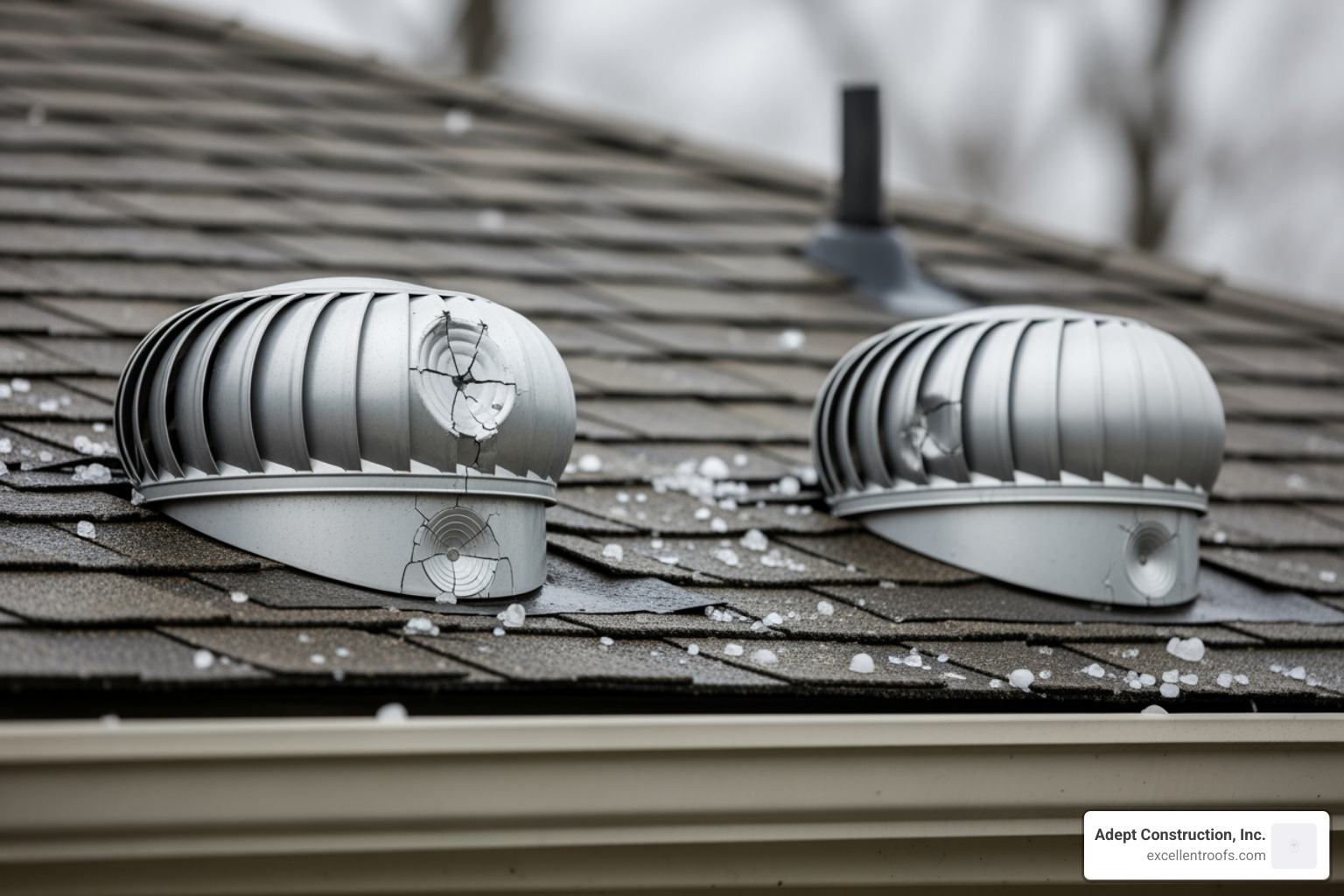 Hail-damaged roof vents showing clear impact marks