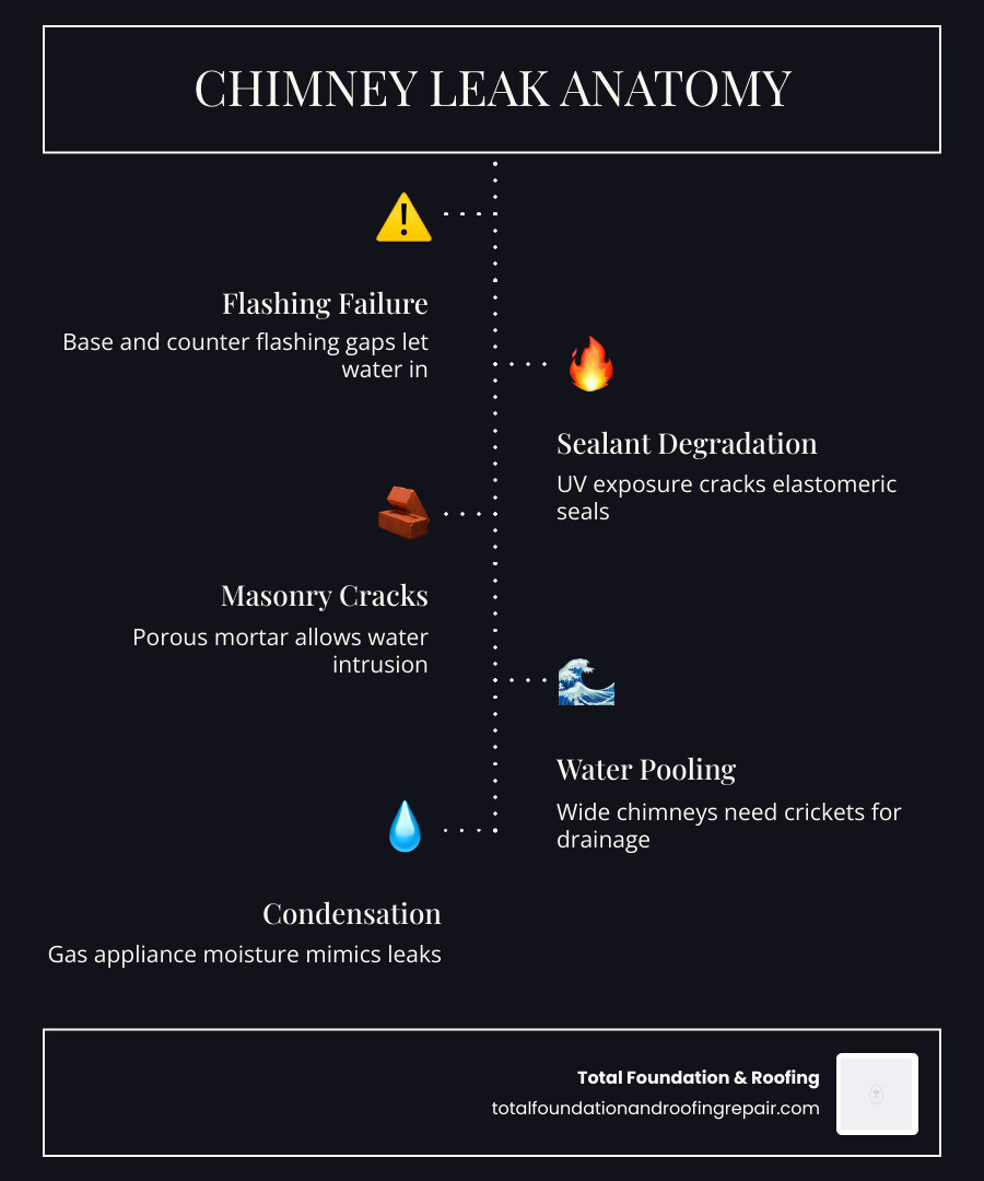 Infographic showing chimney leak anatomy on a metal roof: flashing types, common failure points, and leak paths infographic