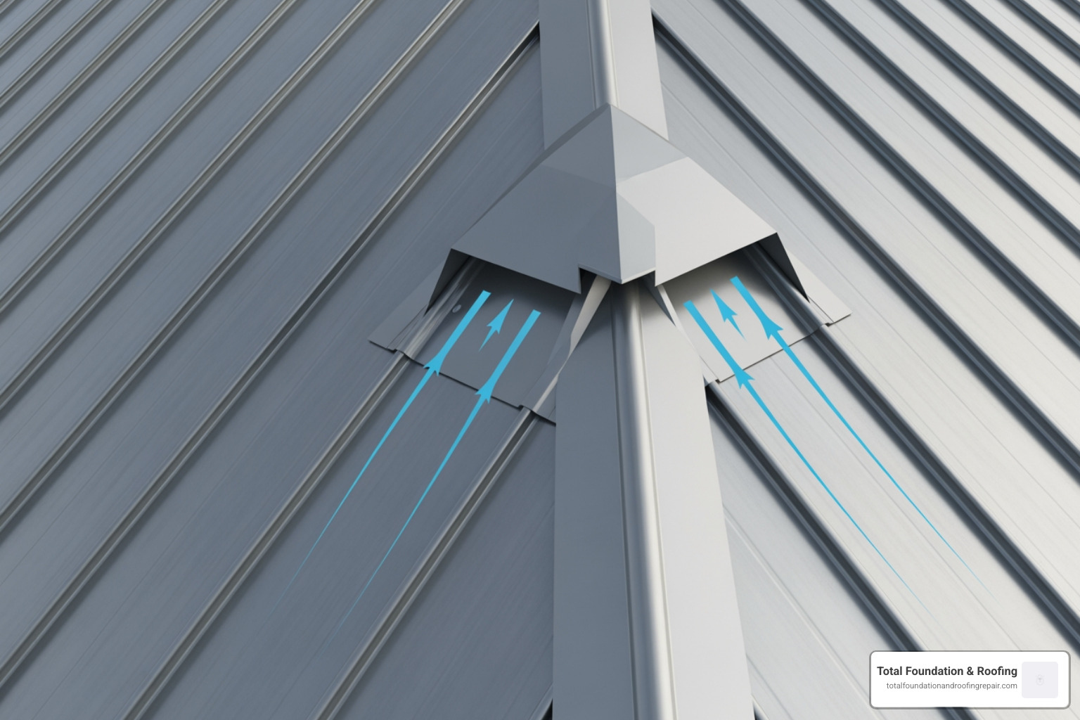 Diagram of a chimney cricket installed on a metal roof to divert water flow around the structure