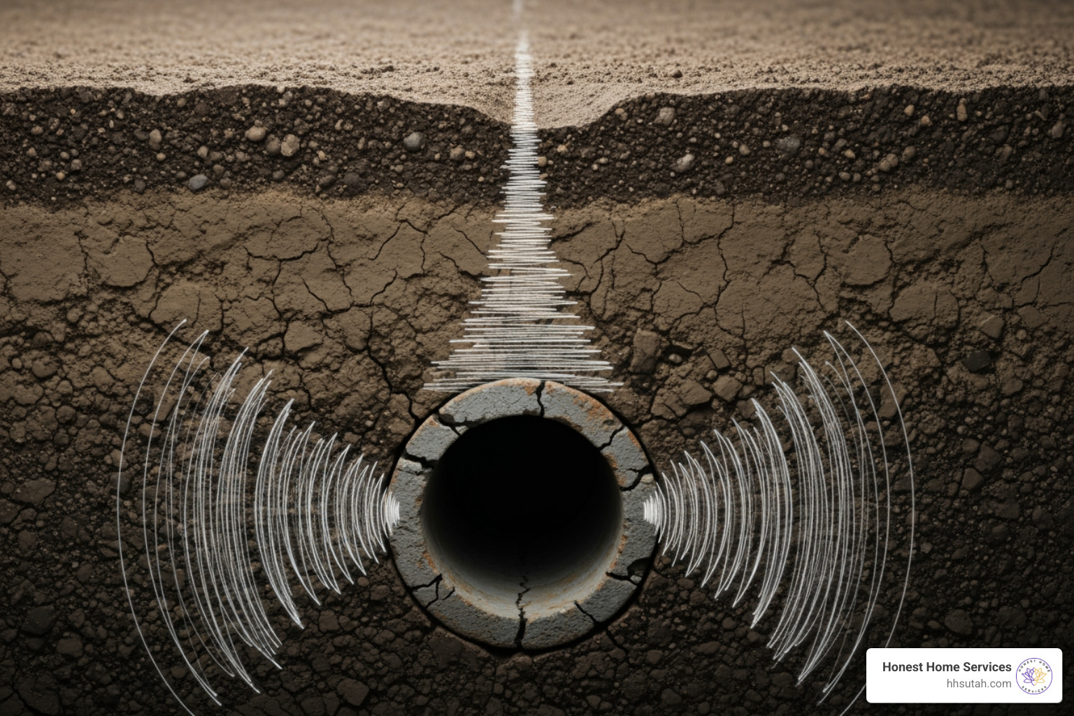 Graphic showing sound frequency waves emitting from a cracked underground pipe and traveling to the surface Graphic showing sound frequency waves emitting from a cracked underground pipe and traveling to the surface