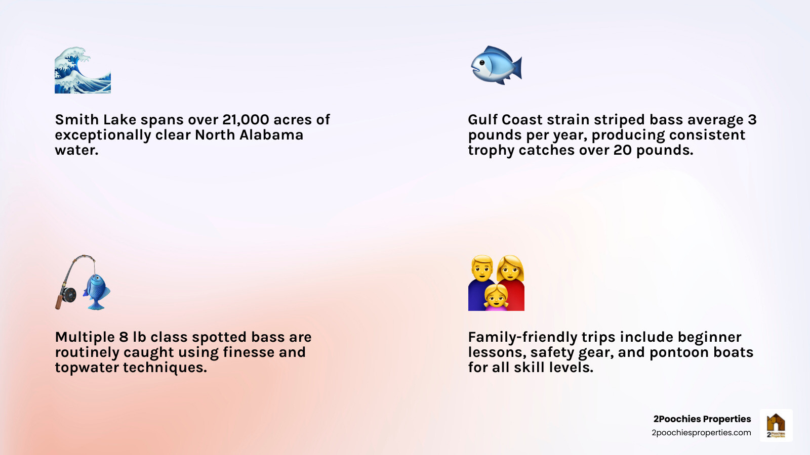 Infographic showing Smith Lake fish species, guide types, and seasonal fishing tips infographic