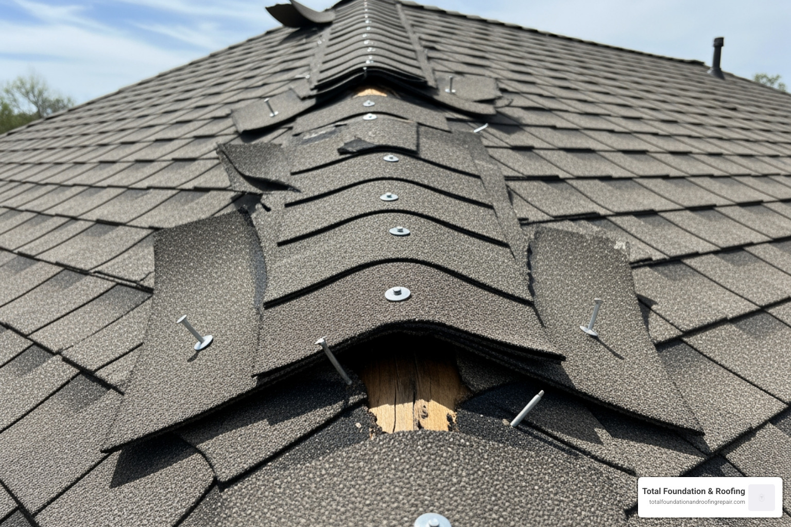 Close-up of a damaged ridge cap shingle with wind-torn edges and exposed nails Close-up of a damaged ridge cap shingle with wind-torn edges and exposed nails