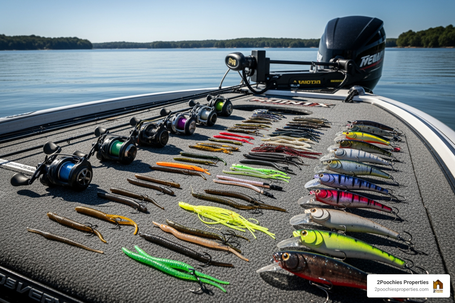 A variety of bass fishing gear including spinning reels, finesse worms, and topwater lures on a boat deck