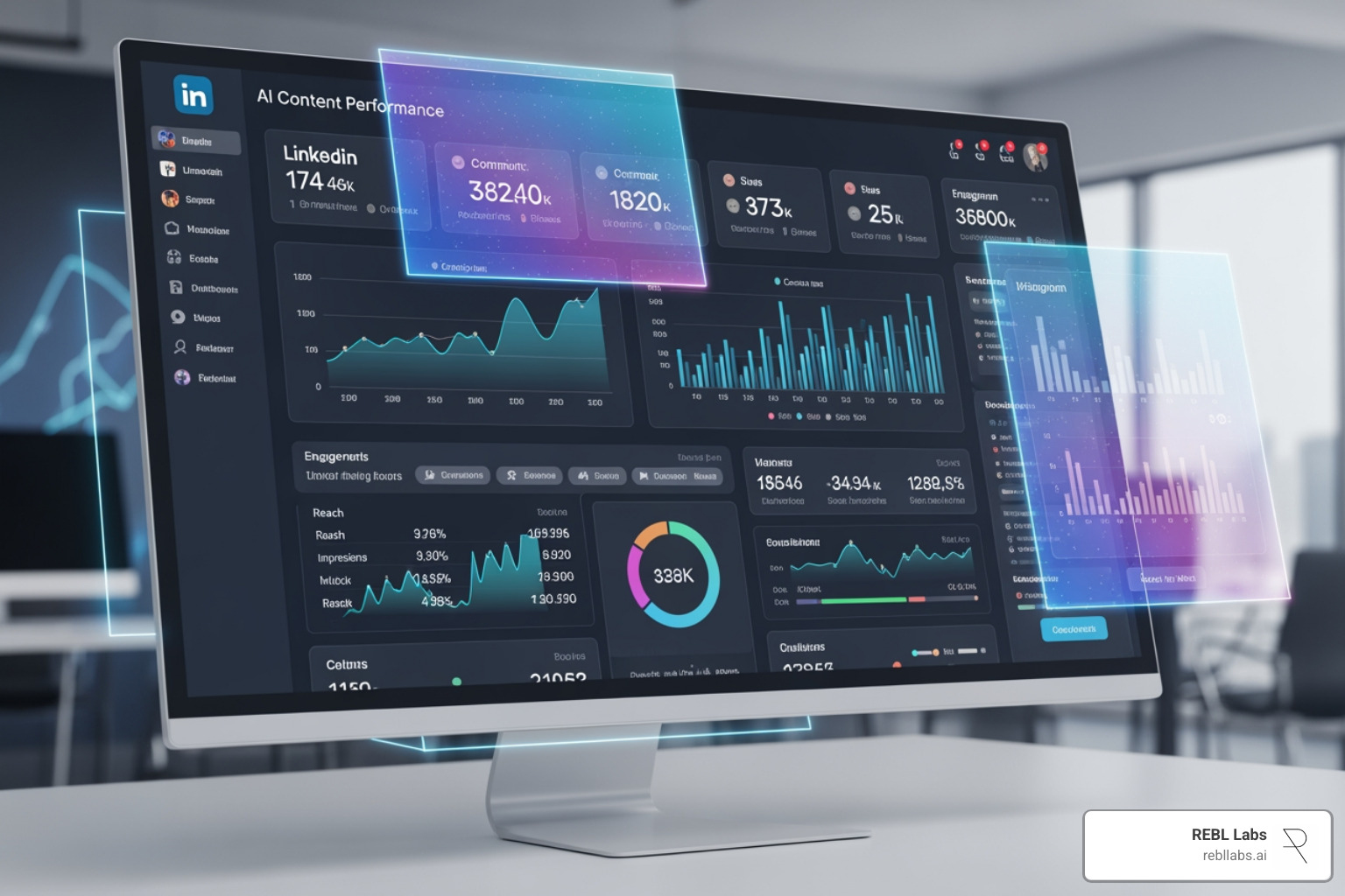 Futuristic marketing dashboard displaying real-time AI content performance across LinkedIn and Instagram