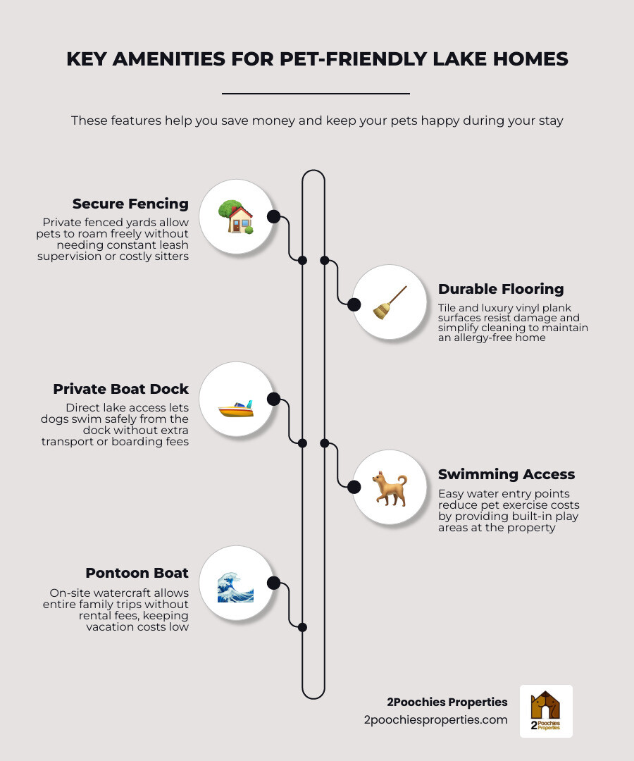 Dogs swimming off a private boat dock at a lakefront home infographic