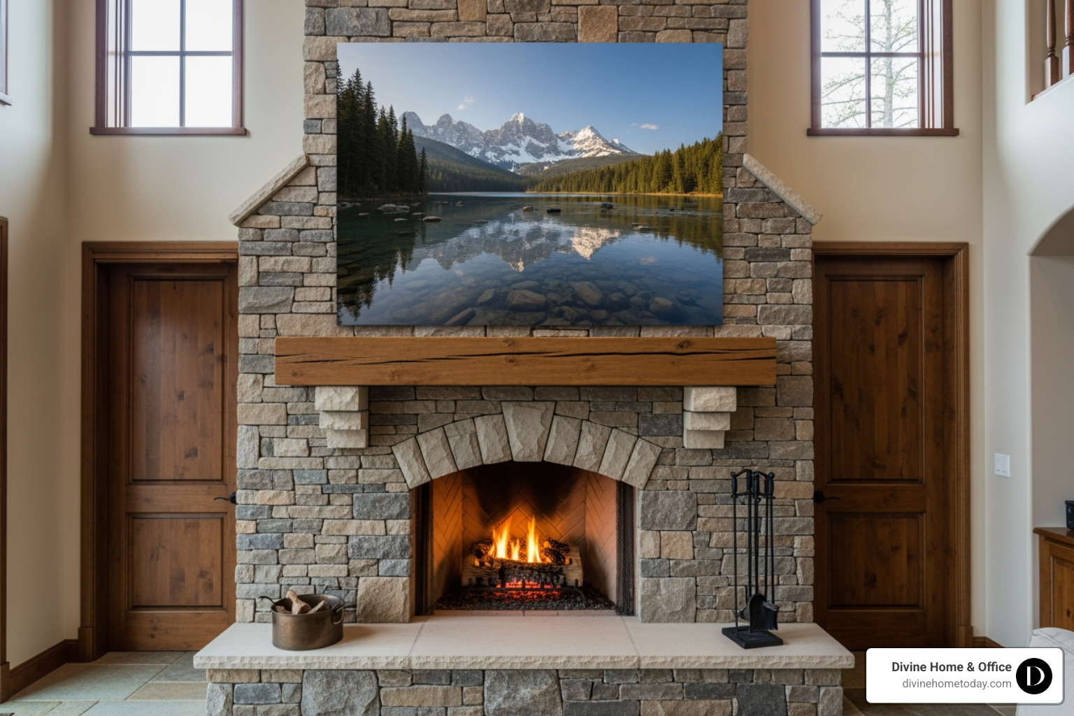 Large-scale custom canvas wall art above a stone fireplace in a luxury Colorado home Large-scale custom canvas wall art above a stone fireplace in a luxury Colorado home