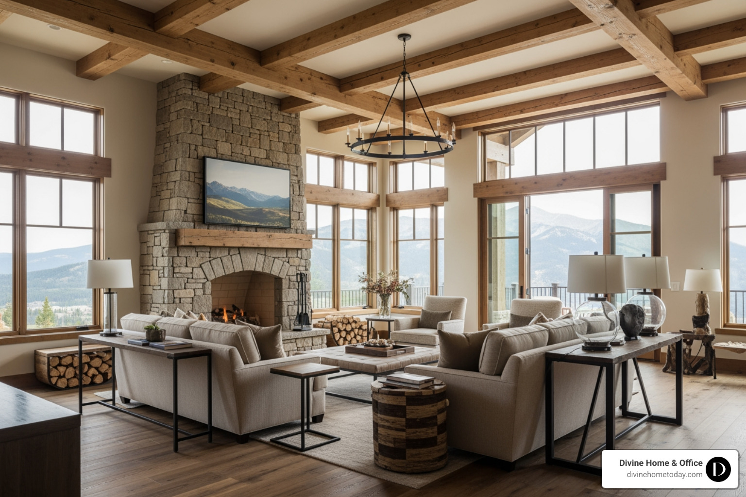 High-end modern mountain living room with custom hardwood accents and personalized textiles High-end modern mountain living room with custom hardwood accents and personalized textiles