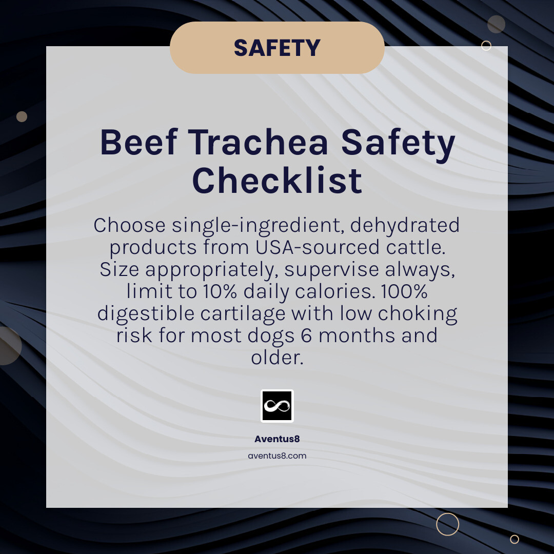 Infographic showing beef trachea safety checklist, nutritional profile, and feeding guidelines for dogs infographic