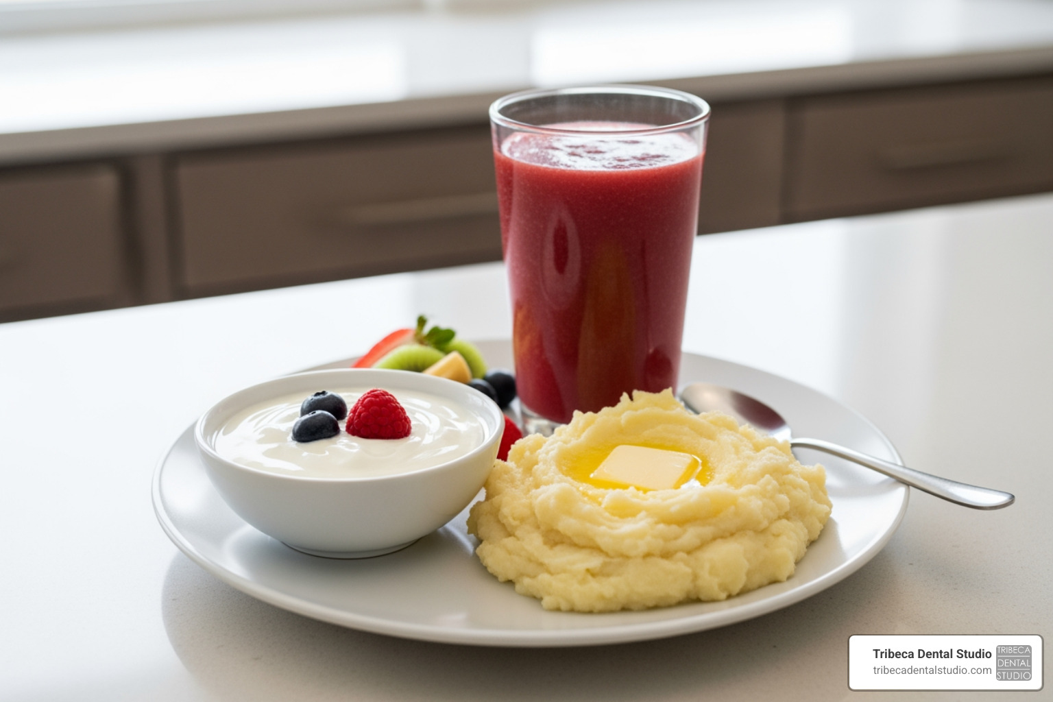 Healthy soft foods like yogurt, mashed potatoes, and smoothies Healthy soft foods like yogurt, mashed potatoes, and smoothies