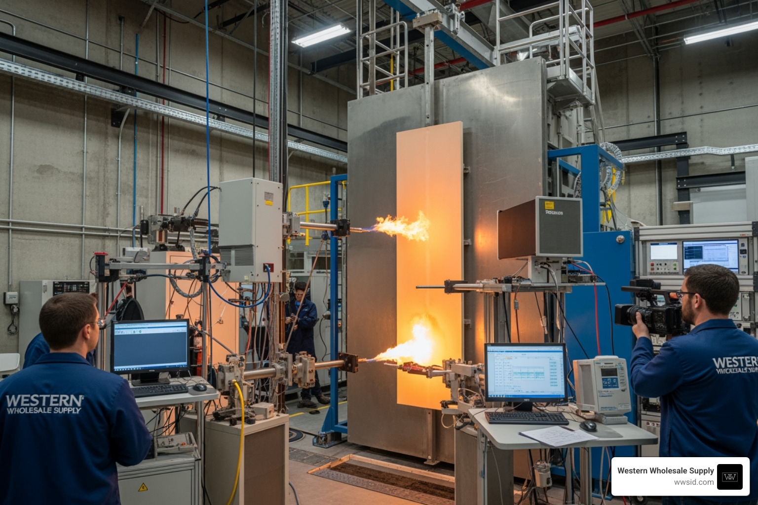 Testing facility showing a Class A fire-rated FRP panel undergoing flame spread evaluation Testing facility showing a Class A fire-rated FRP panel undergoing flame spread evaluation