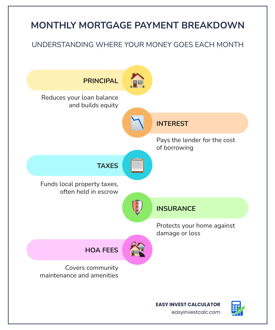 Infographic showing components of a monthly mortgage payment including principal, interest, taxes, and insurance (PITI)