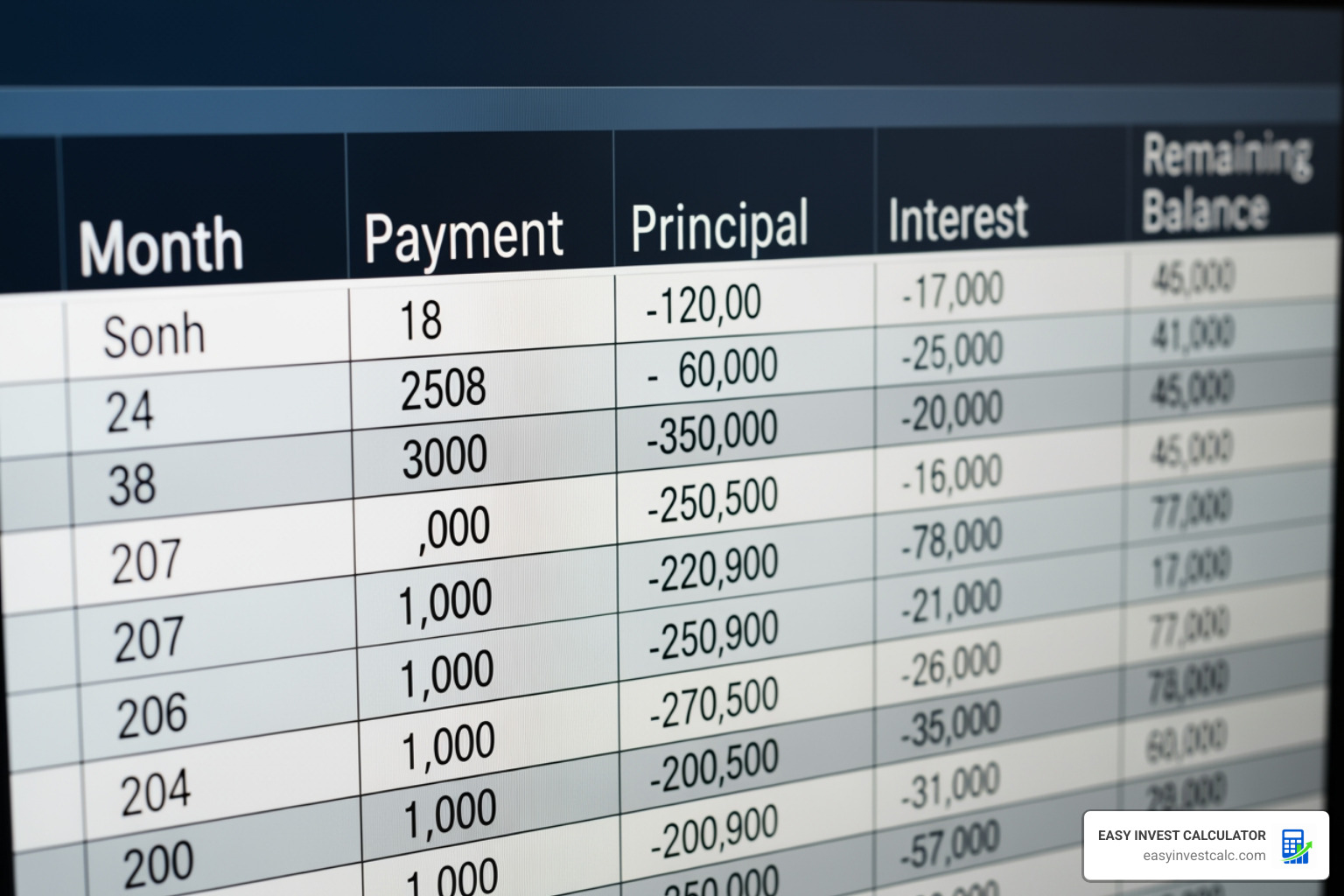 Digital amortization schedule showing principal reduction and interest allocation over time