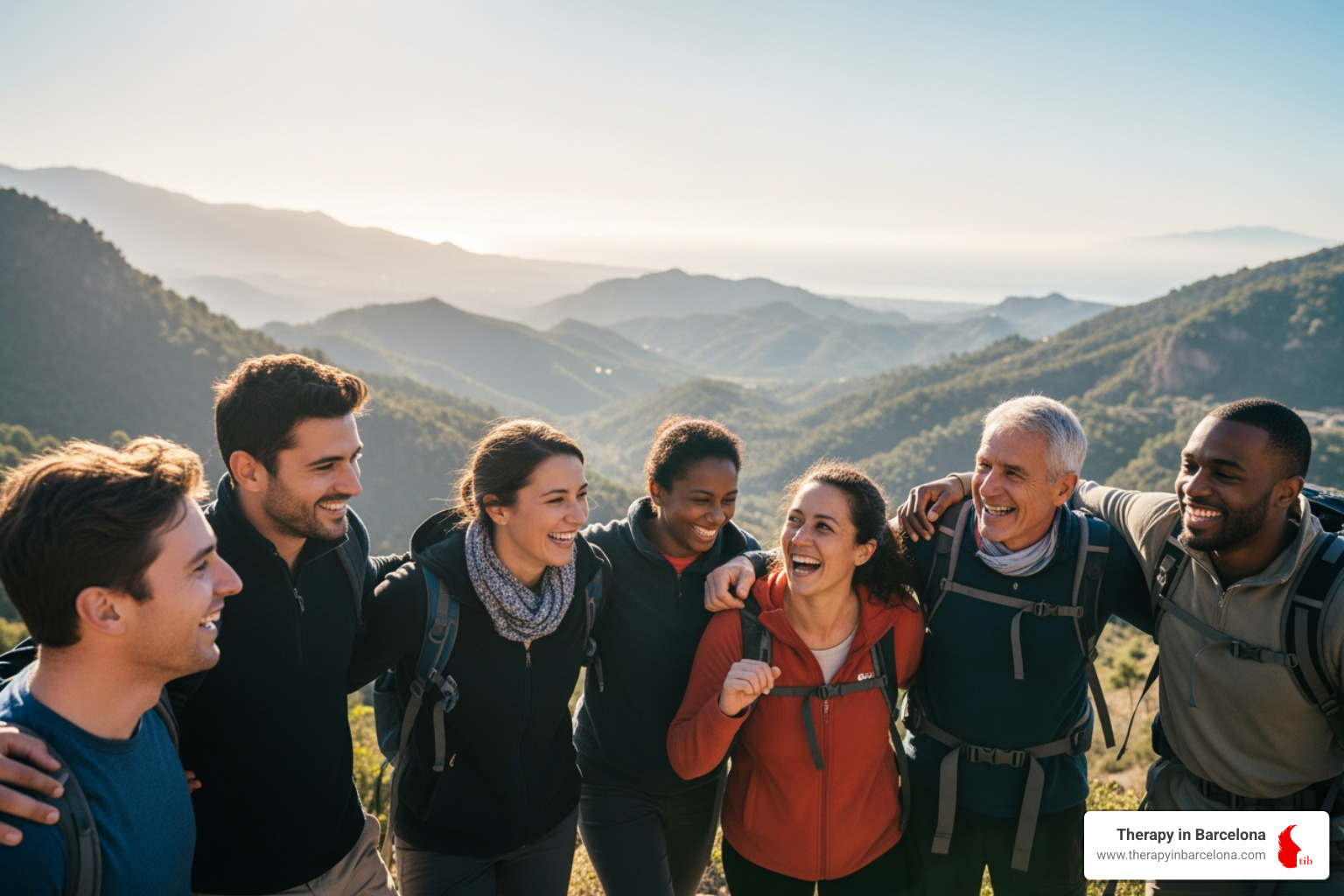 A group of diverse expats laughing and hiking together in the mountains near Málaga A group of diverse expats laughing and hiking together in the mountains near Málaga