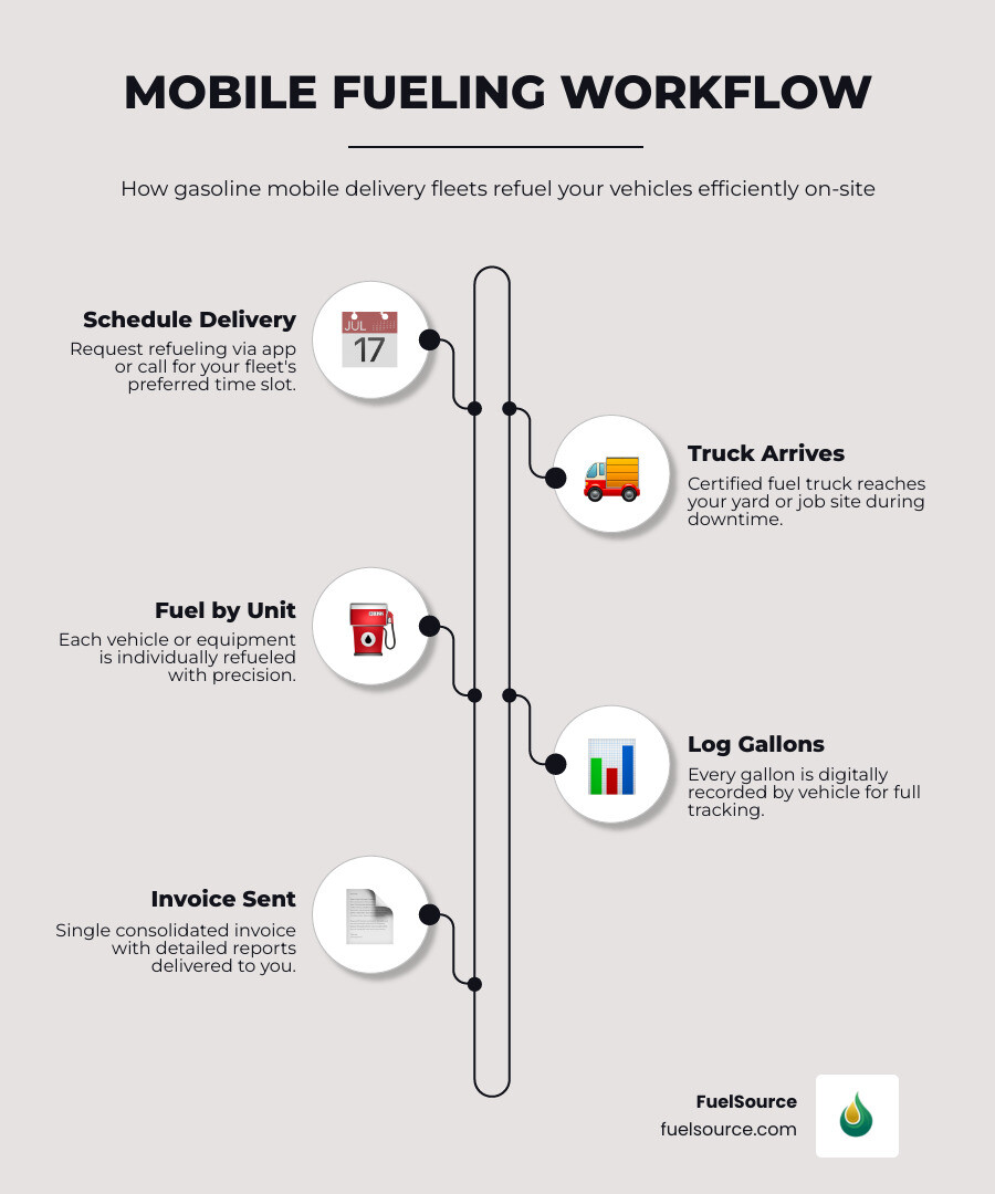 Infographic showing mobile fueling workflow: schedule delivery, truck arrives on-site, vehicles fueled by unit, gallons