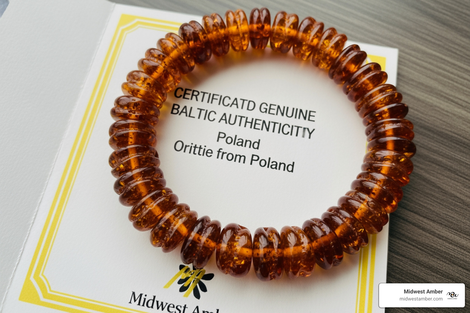 A certified genuine Baltic amber bracelet with a certificate of authenticity from Poland