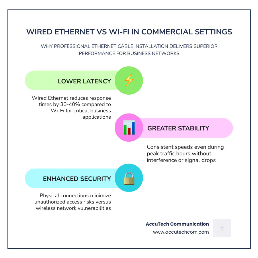 Infographic comparing Wi-Fi latency vs wired Ethernet stability for commercial network environments infographic