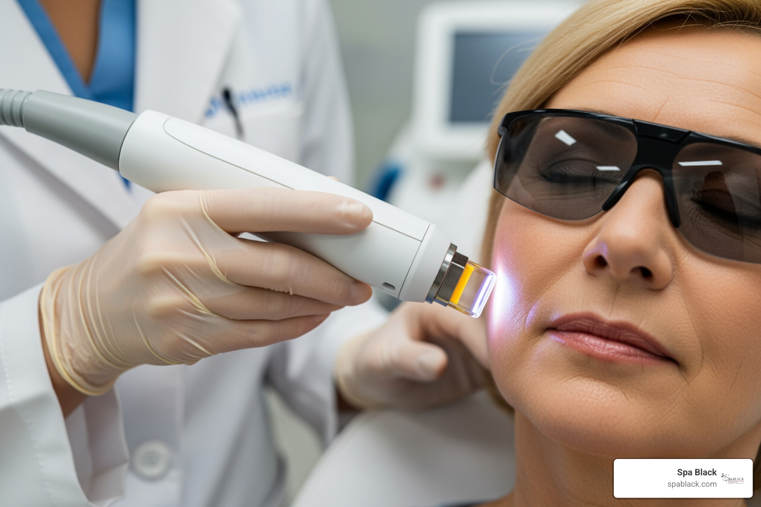 Laser device on skin; Creator: Spa Black; Description: A medical professional applying a fractional laser to a patient's