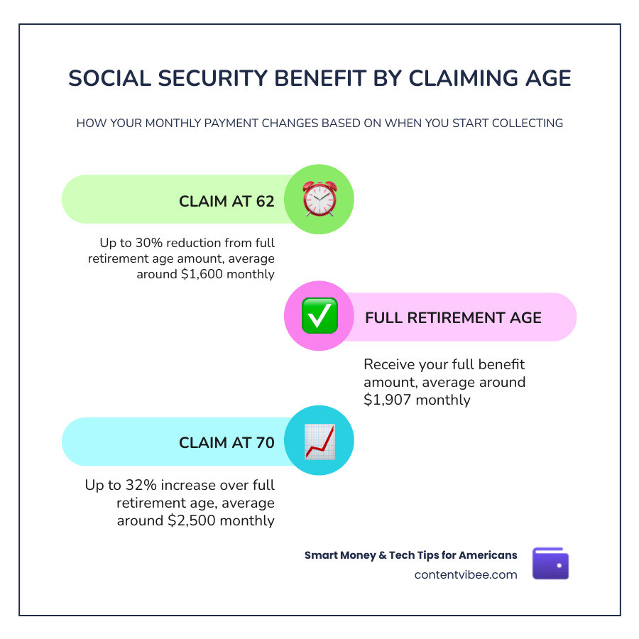Social Security benefit amounts at age 62, full retirement age, and 70 compared to average benefit infographic