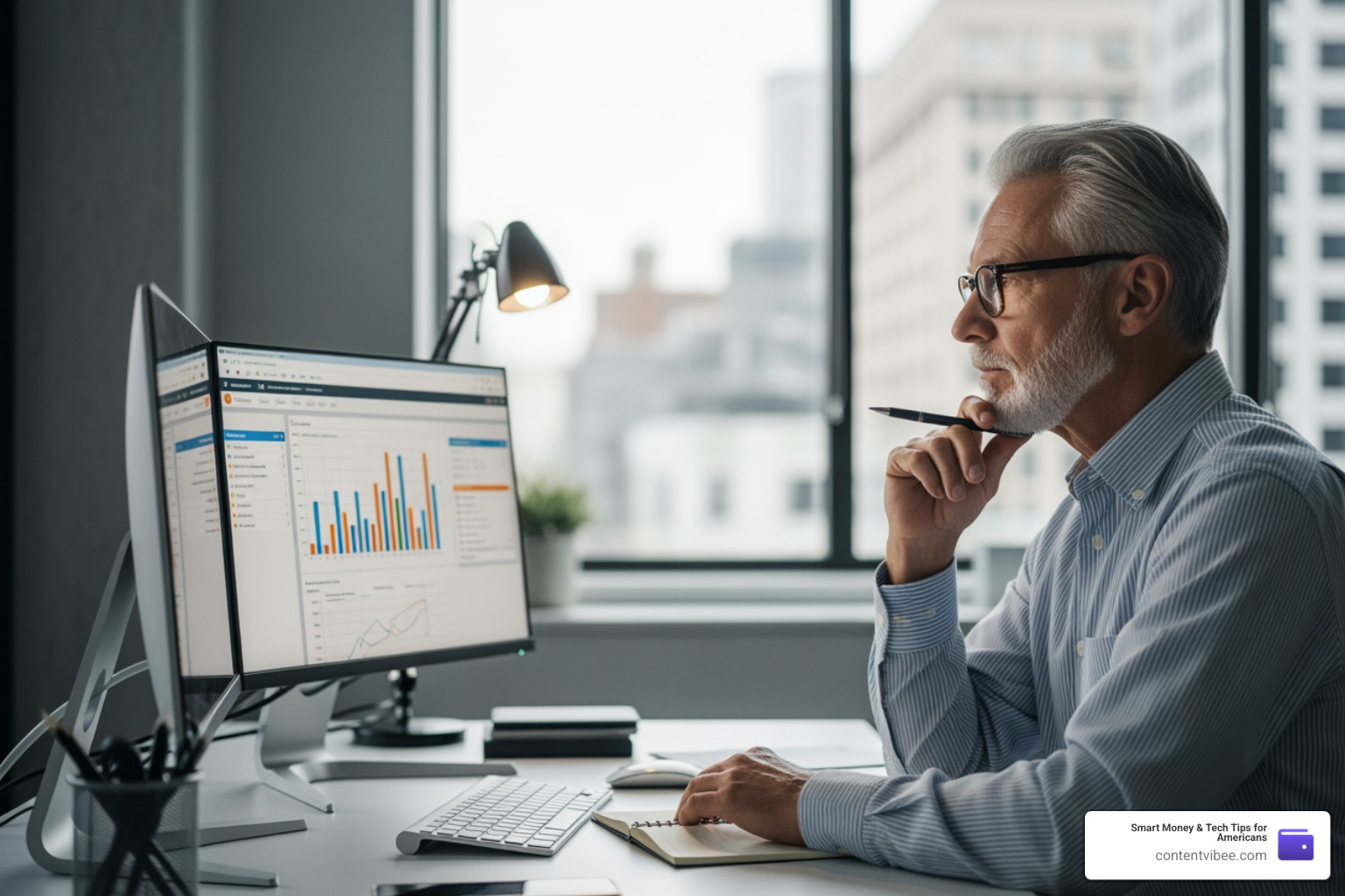 senior professional working in a modern office, considering retirement options