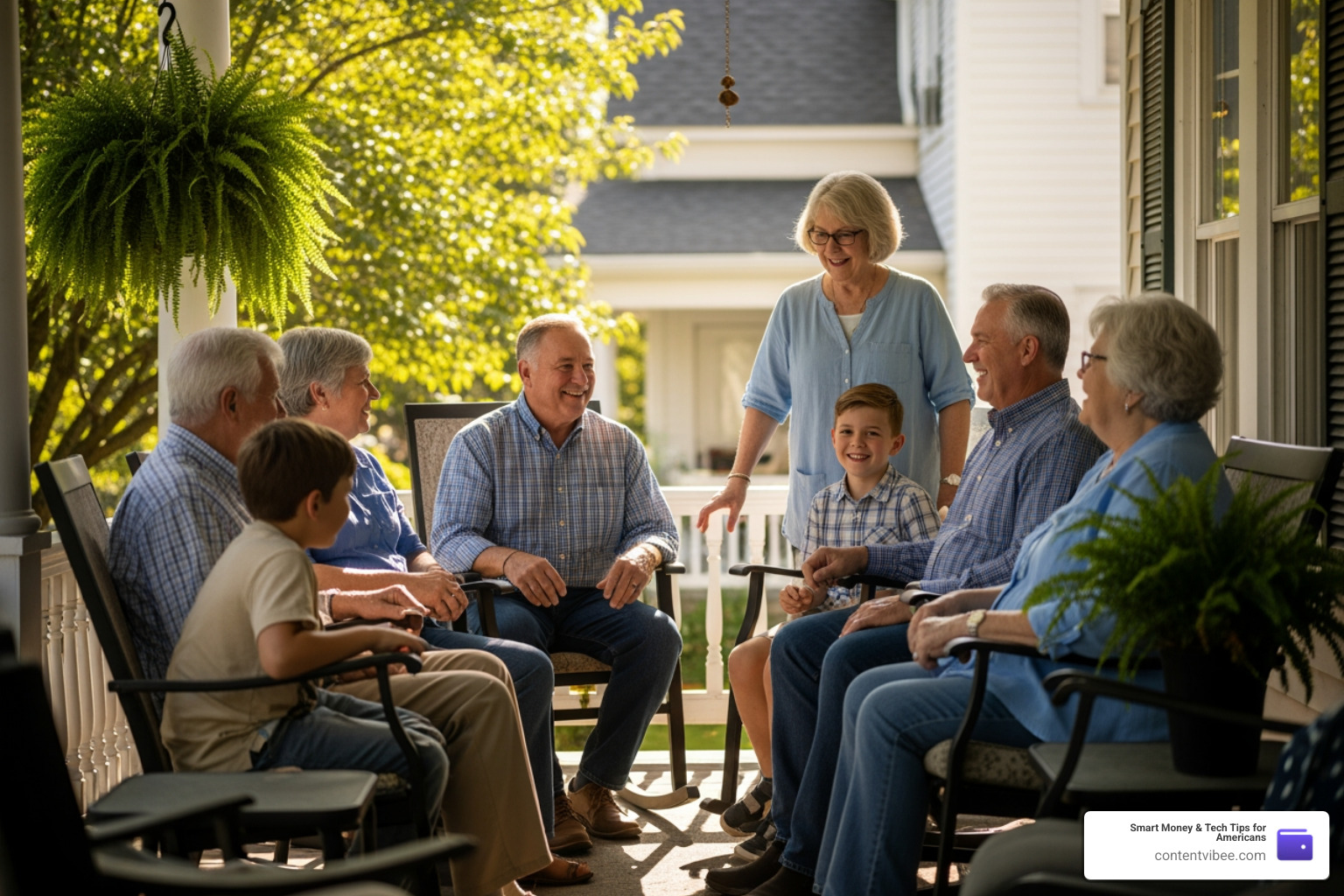 Multigenerational family sitting together on a porch
