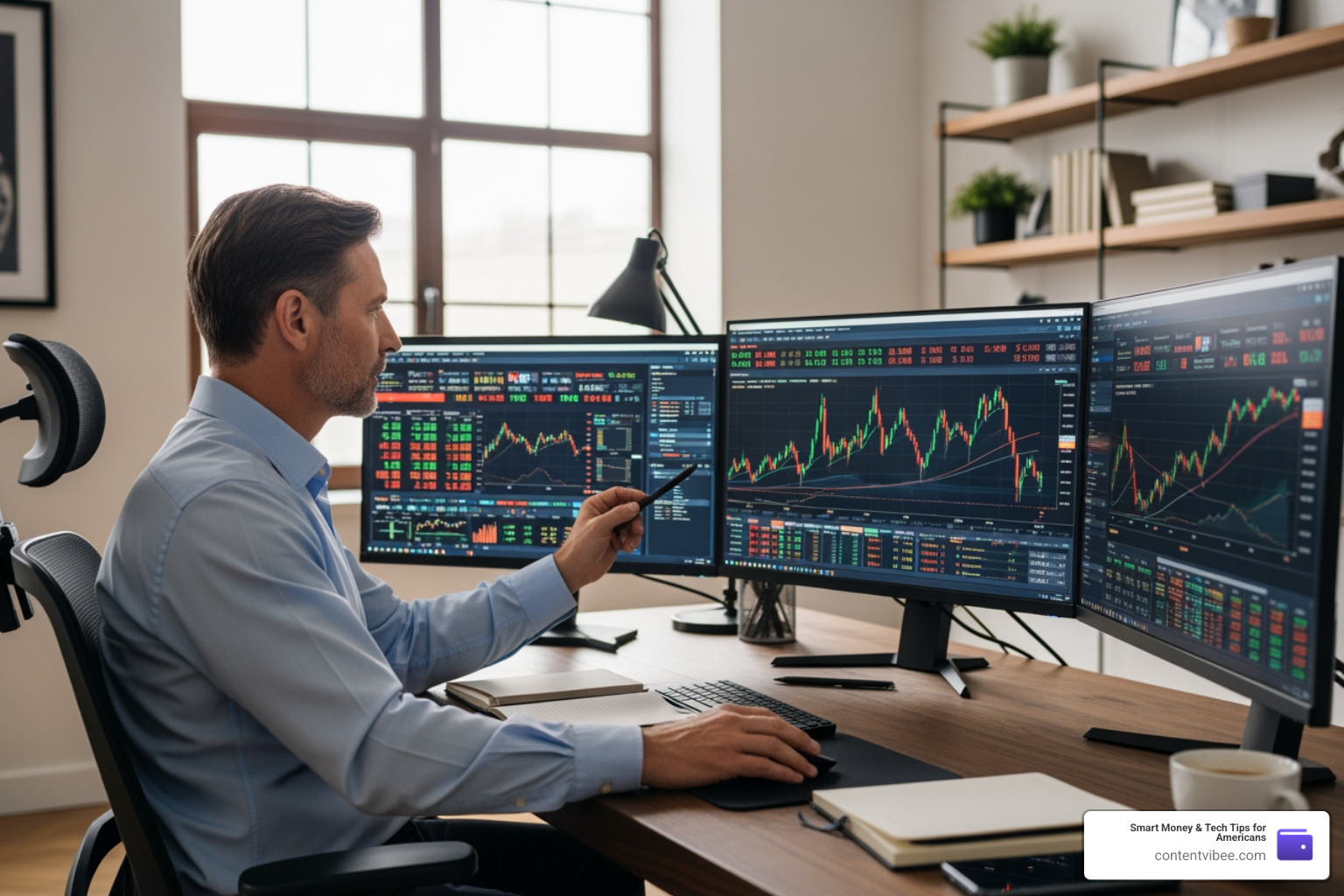 Investor analyzing stock market data and quantitative research graphs