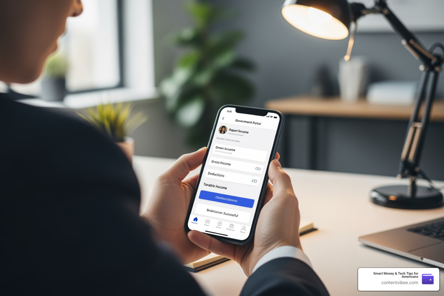 person using a mobile app to report income to a government portal
