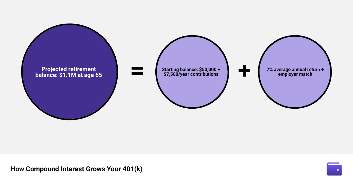 How 401k contributions, employer match, and compound interest grow retirement balance over time infographic