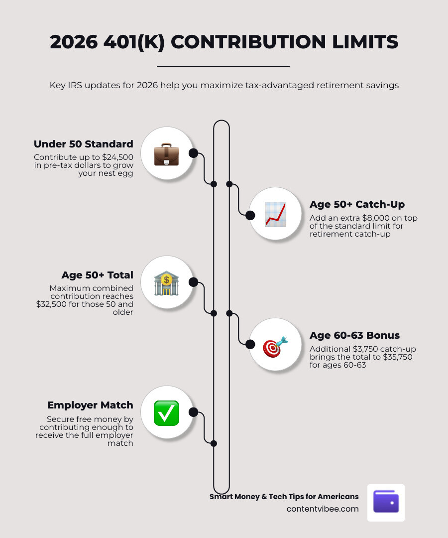 Table comparing 2025 and 2026 401k contribution limits infographic
