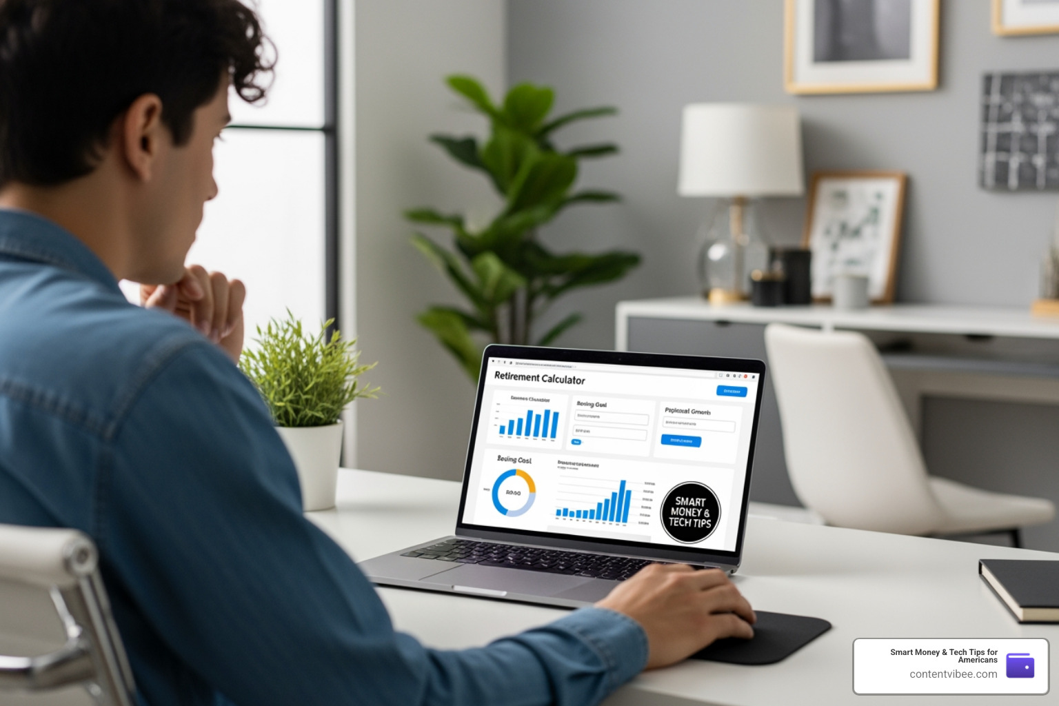 Person entering financial data into a laptop to calculate retirement savings