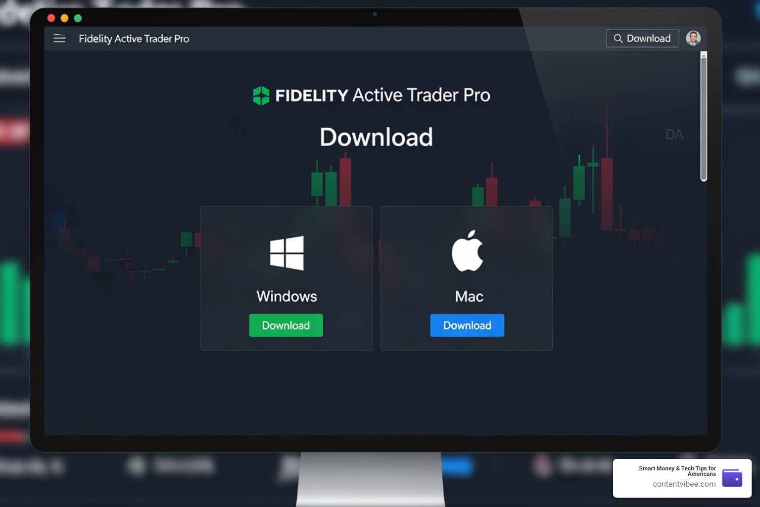 Download page for Fidelity Active Trader Pro showing Windows and Mac options