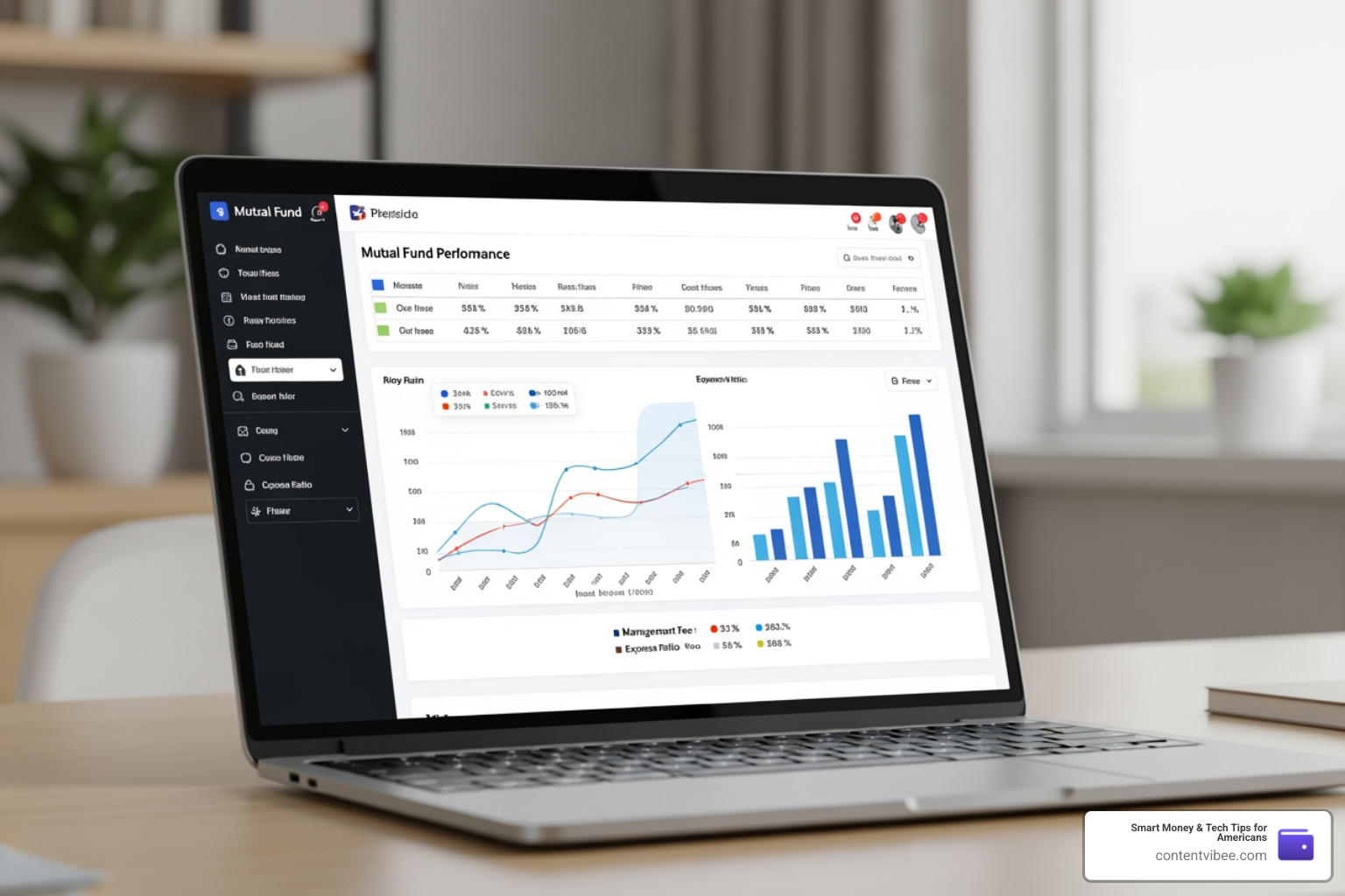 Digital dashboard showing mutual fund performance and fee comparisons