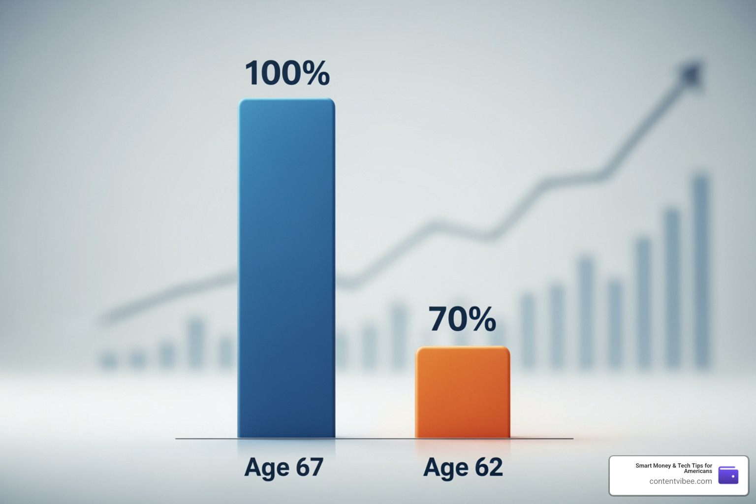 A shrinking bar chart showing how Social Security benefits drop from 100 percent at age 67 down to 70 percent at age 62
