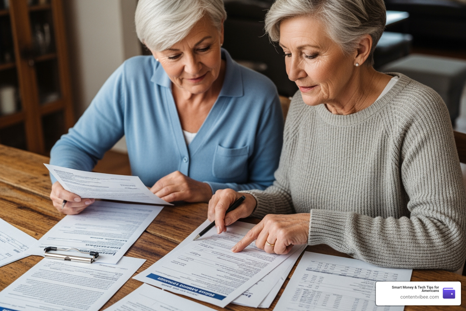 Senior couple sitting at a wooden table reviewing Social Security statements and financial documents