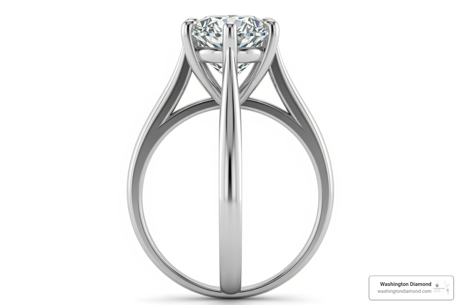 Side profile of a cathedral ring showing the elegant metal arches supporting the center stone