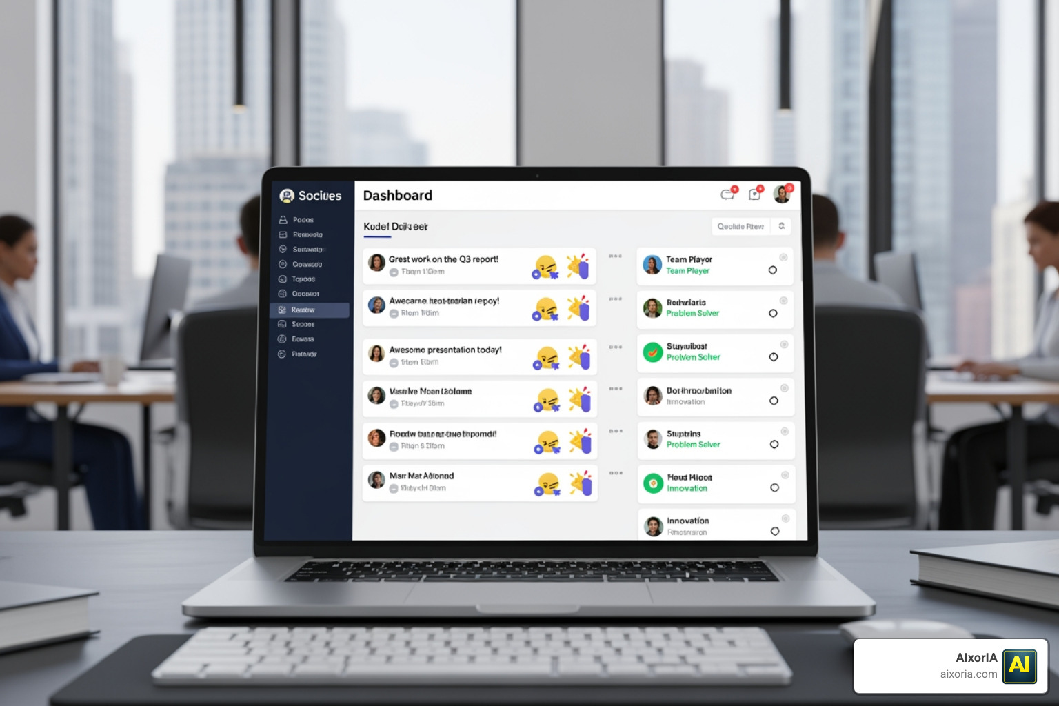 digital dashboard showing a social feed of peer-to-peer kudos and badges