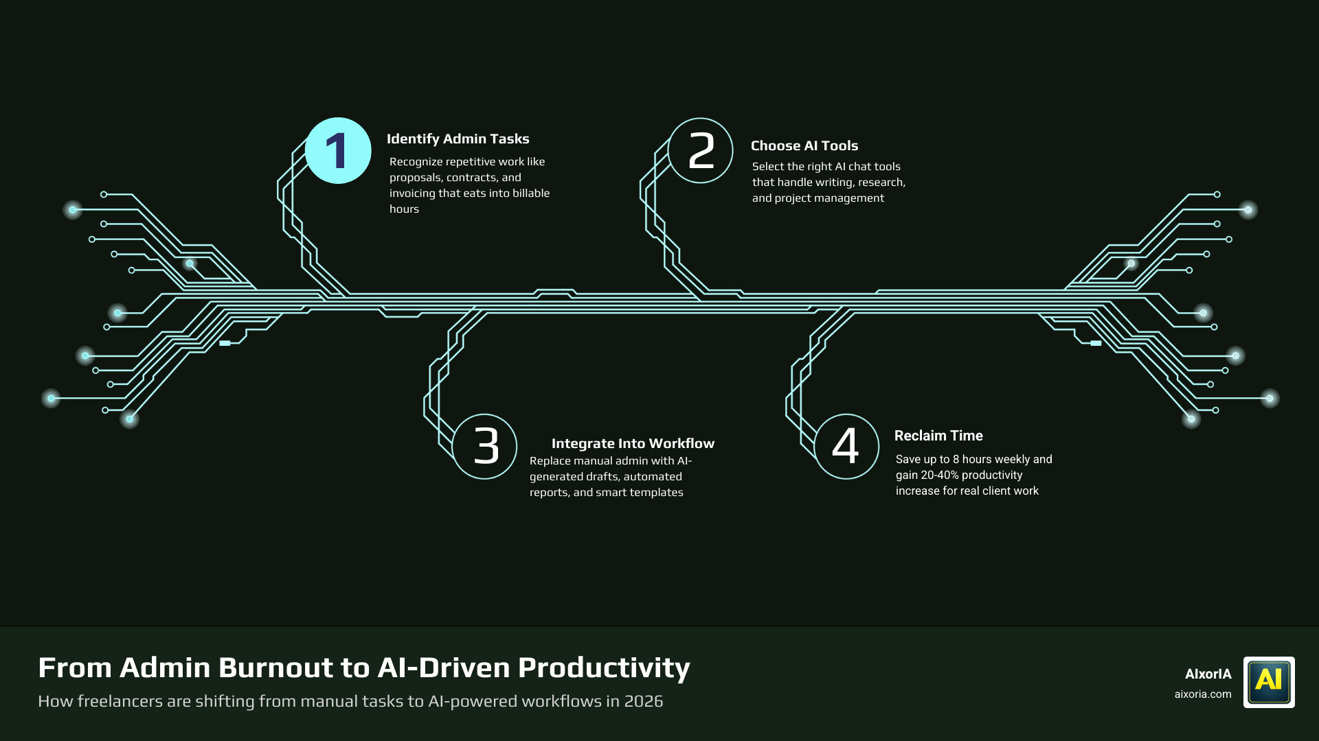 Freelancer admin workflow shifting to AI-driven tasks in 2026 with time savings and productivity gains infographic