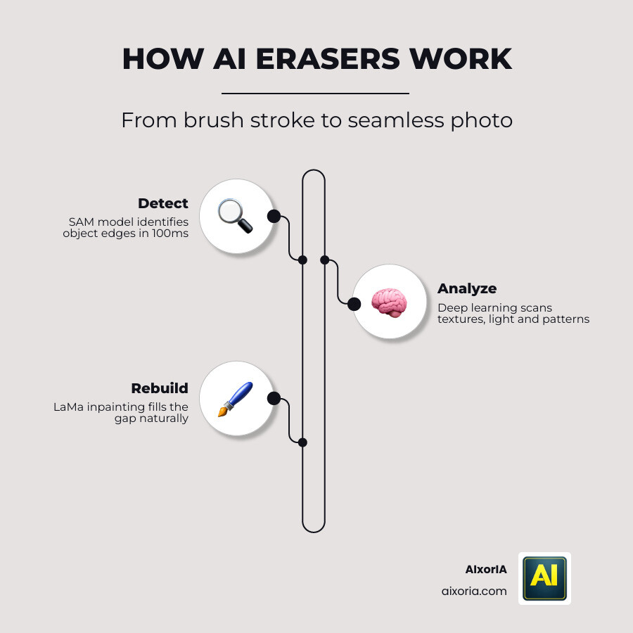 infographic showing how AI eraser tools work steps and top tool comparison infographic