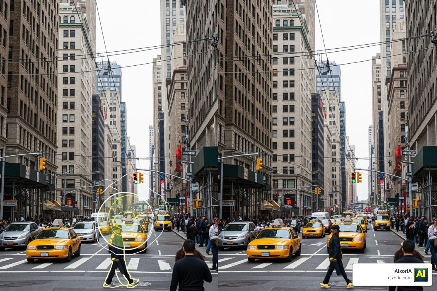 AI removing complex objects from a busy street scene