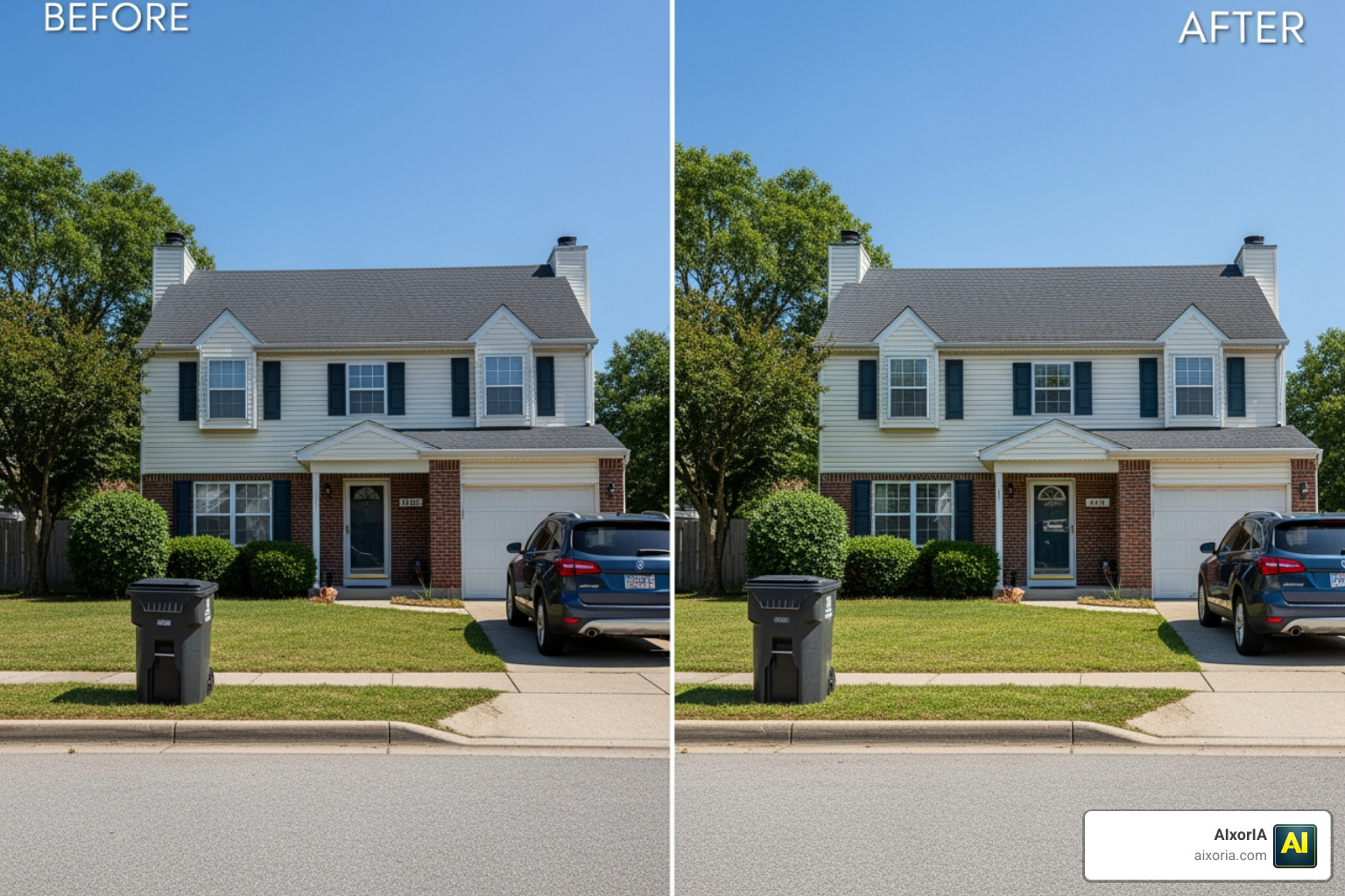 Real estate photo before and after AI cleanup removing a trash can and a car