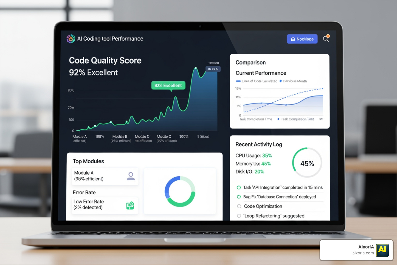 Comparison dashboard showing AI tool performance metrics