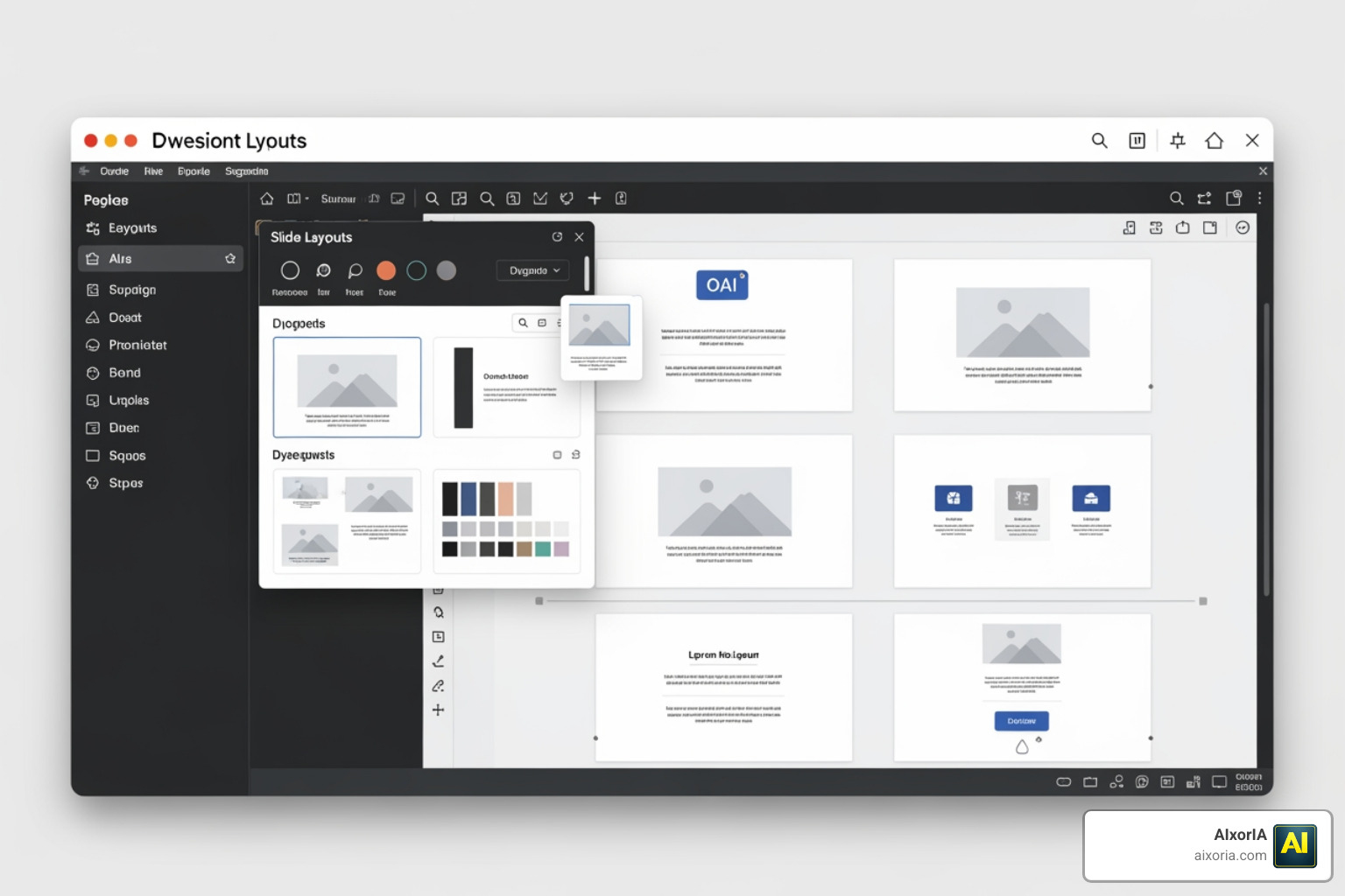 A professional slide editor interface showing AI-generated layouts and design suggestions