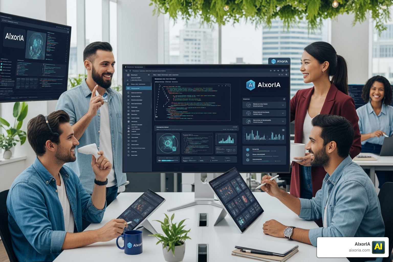A happy development team collaborating with AI tools in a modern office