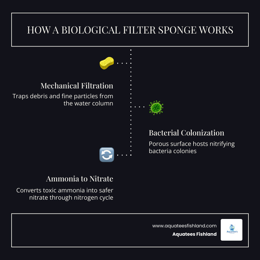 Infographic showing how a biological filter sponge works: mechanical filtration traps debris, biological filtration converts